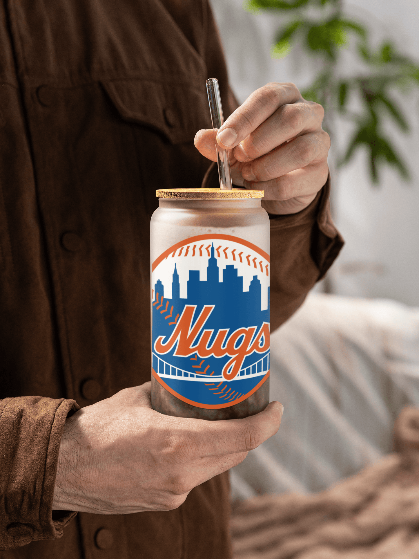 New York Nugs 16 oz Can-Shaped Glass – Modern Drinkware w/ Lid & Straw Option