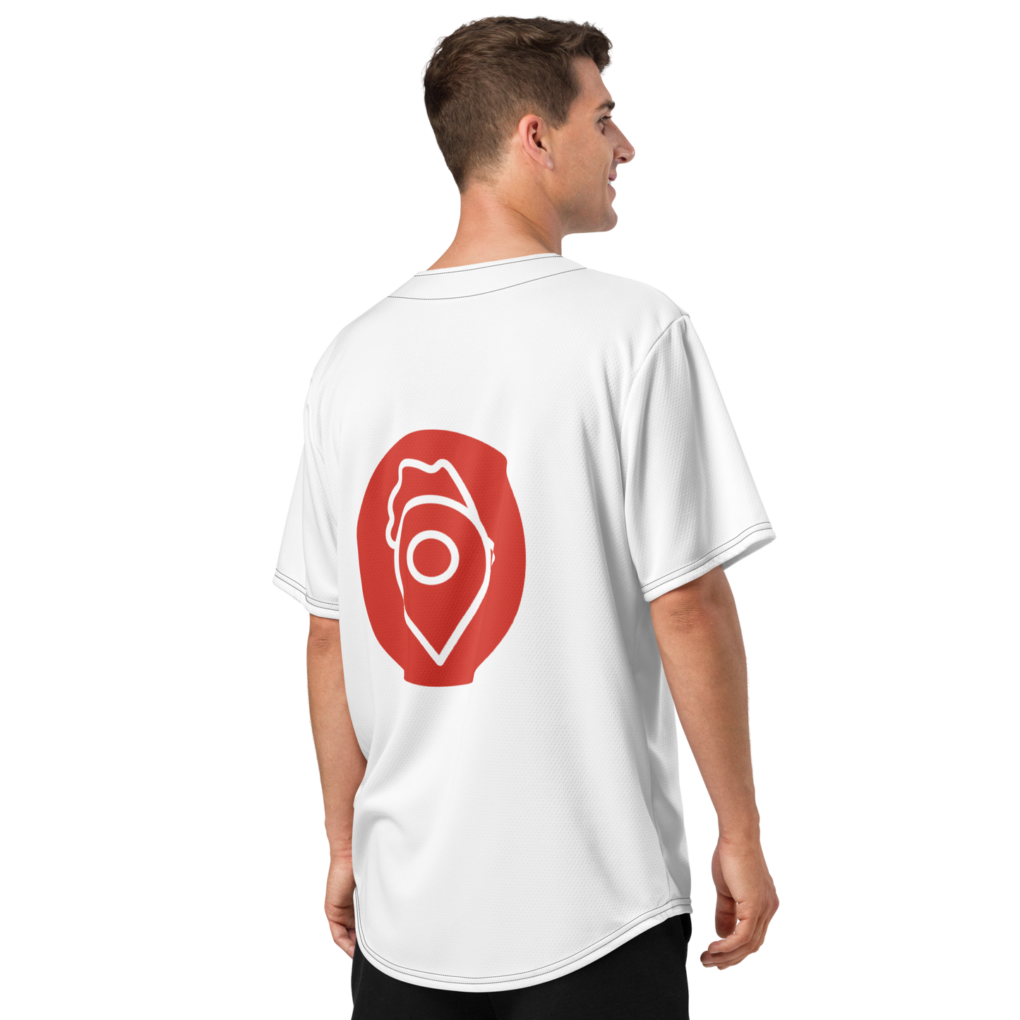 Man wearing The Nugget Spot Signature Baseball Jersey, back view showing logo design