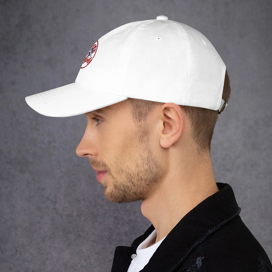 Side view of man wearing white New York Nuggets dad hat with red embroidered baseball-style logo