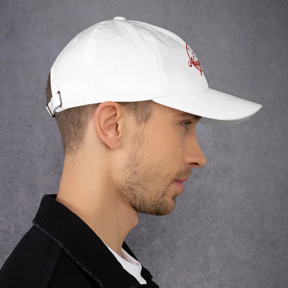 Side view of man wearing white New York Nuggets dad hat with red embroidered baseball-style logo
