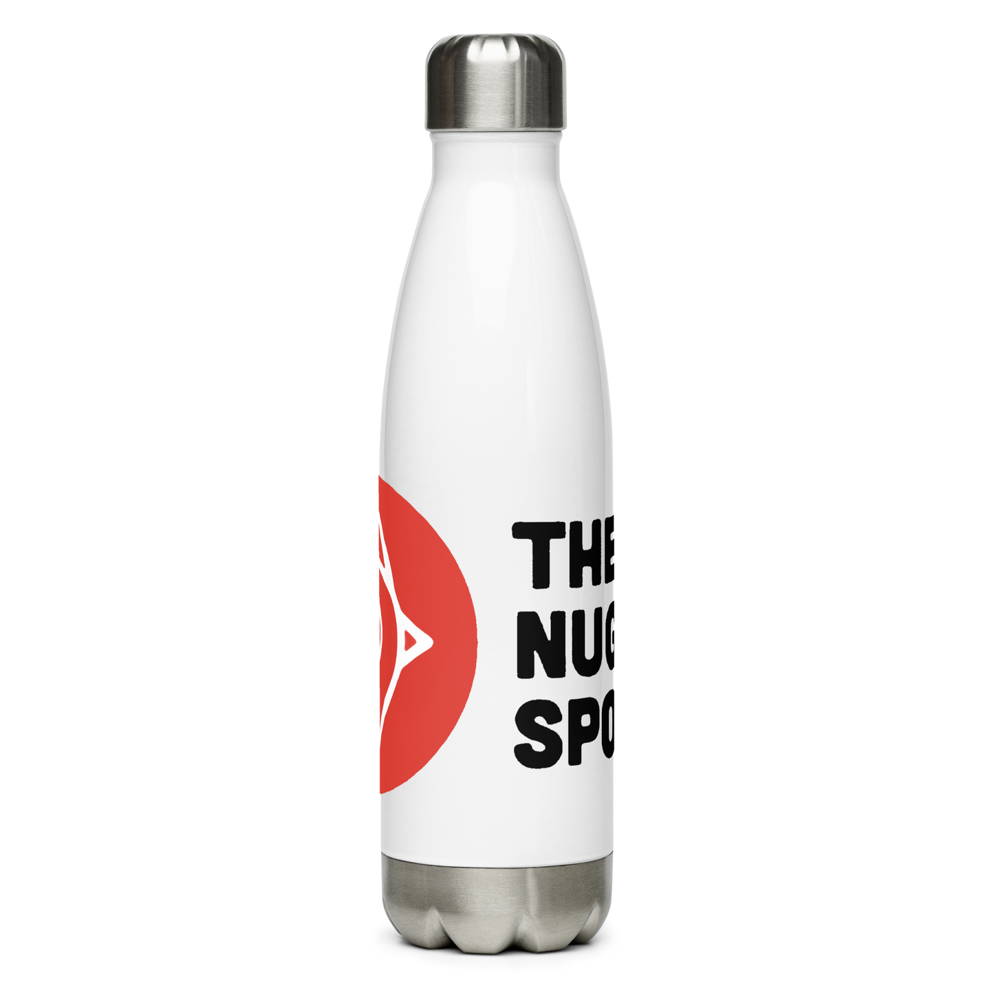 Front view of The Nugget Spot 17oz Stainless Steel Water Bottle against a transparent background.