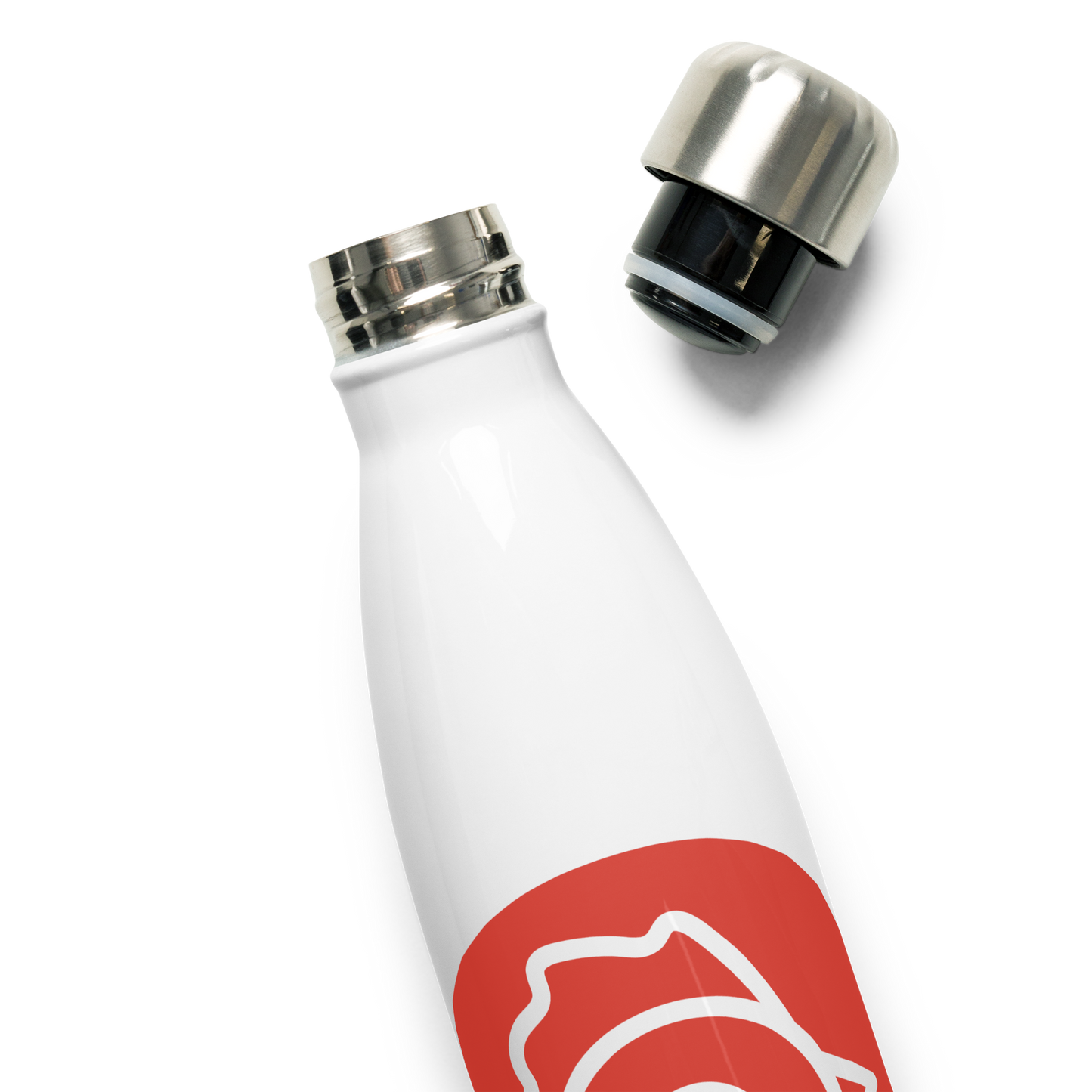 Close-up of The Nugget Spot Signature bottle with the stainless steel cap slightly open against a transparent background.