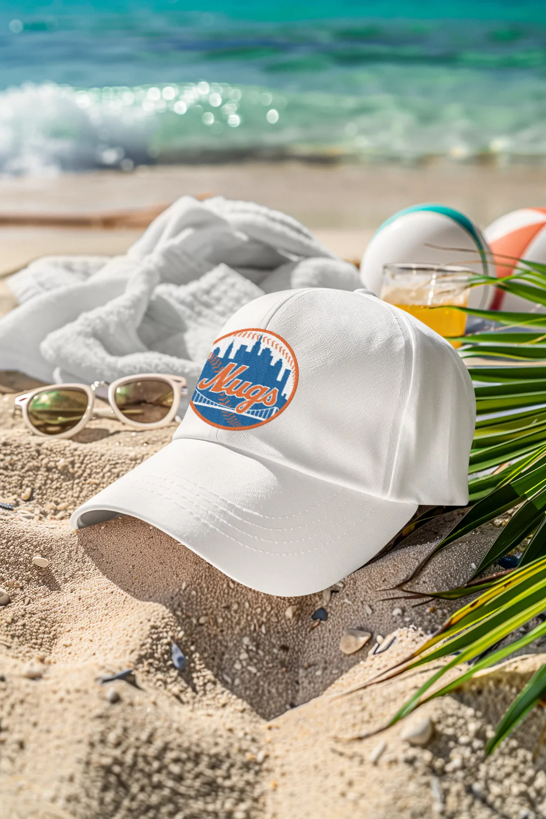 White New York Nugs Dad Hat resting on sand with sunglasses and drink in the background
