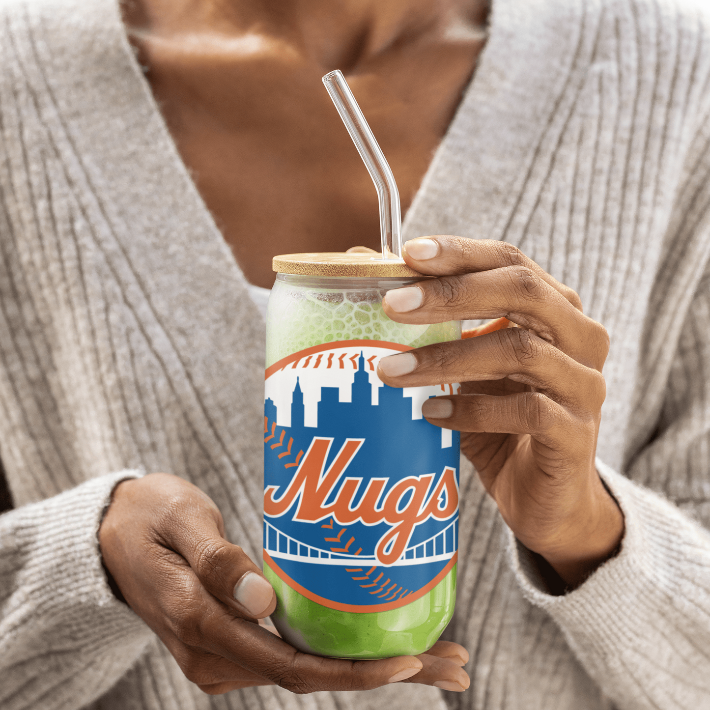 New York Nugs 16 oz Can-Shaped Glass – Modern Drinkware w/ Lid & Straw Option