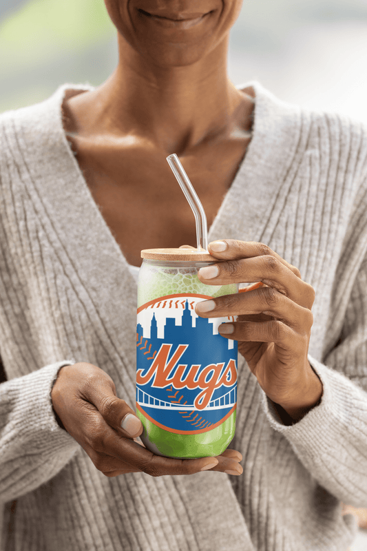 New York Nugs 16 oz Can-Shaped Glass – Modern Drinkware w/ Lid & Straw Option
