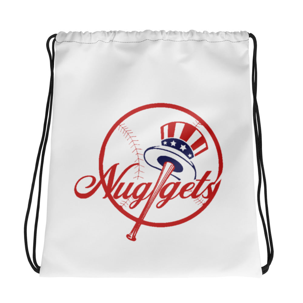 Close-up of white drawstring bag featuring the New York Nugget logo in red, white, and blue.