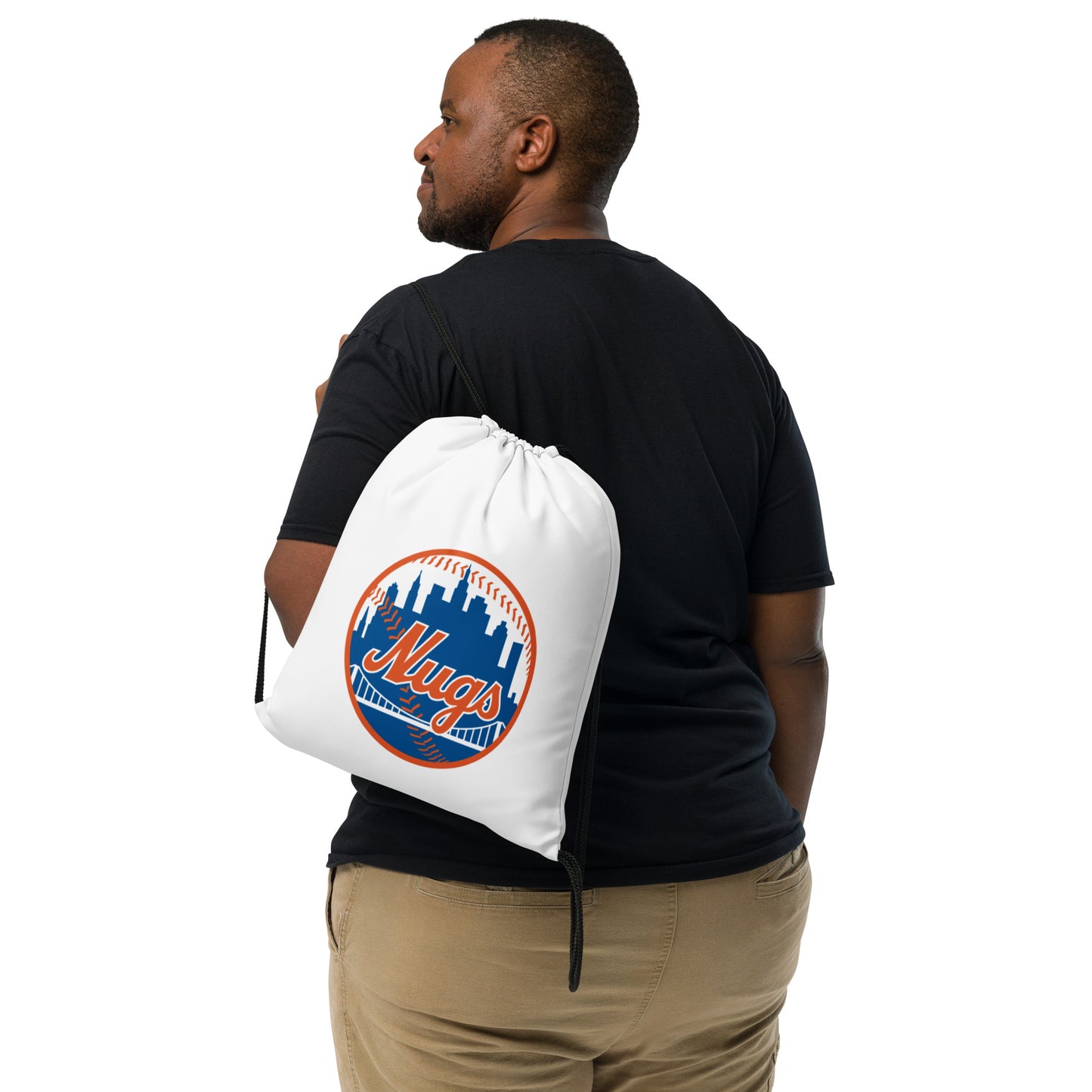 A man wearing the New York Nugs drawstring bag over his shoulder, showing the large printed logo design.