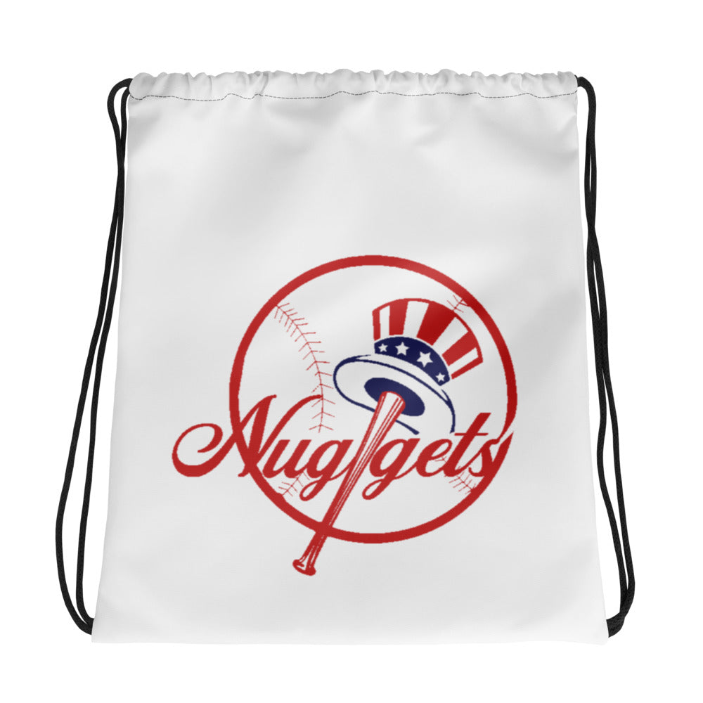 Close-up of white drawstring bag featuring the New York Nugget logo in red, white, and blue.