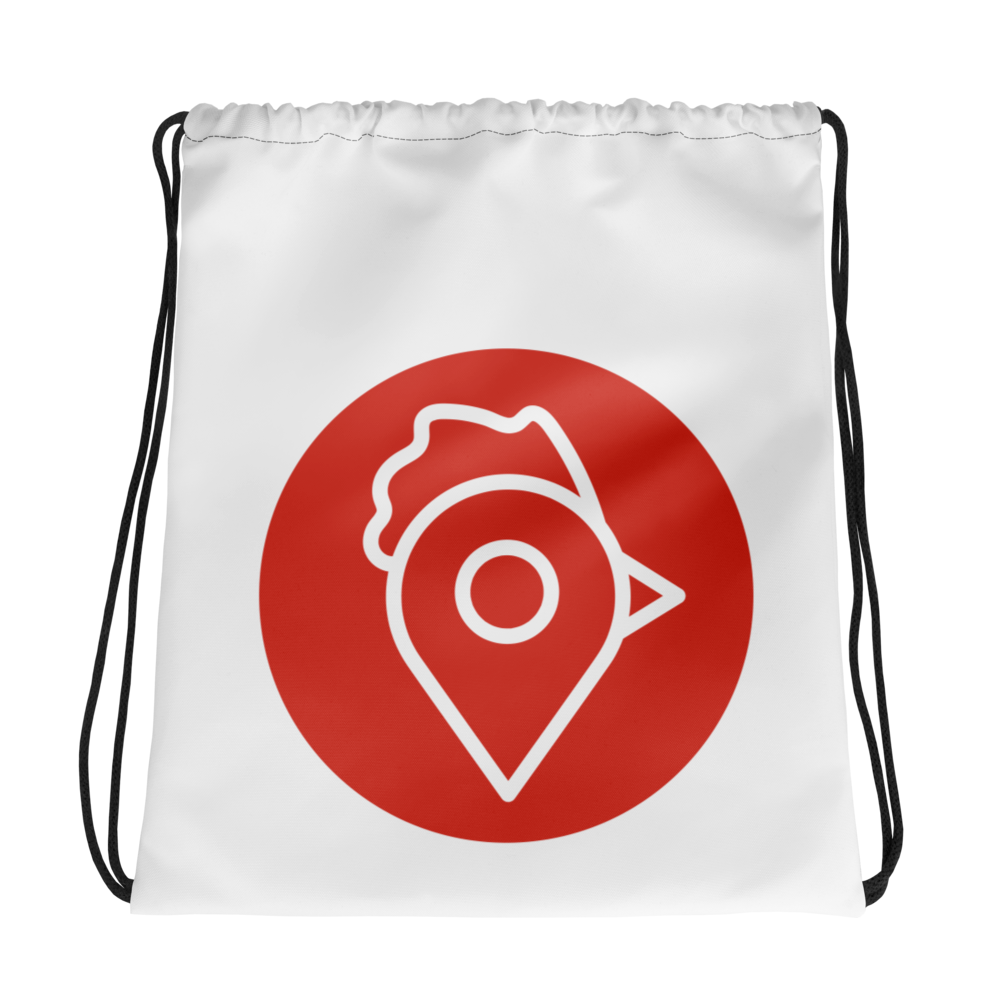 Close-up of The Nugget Spot Signature drawstring bag with red logo design on white background