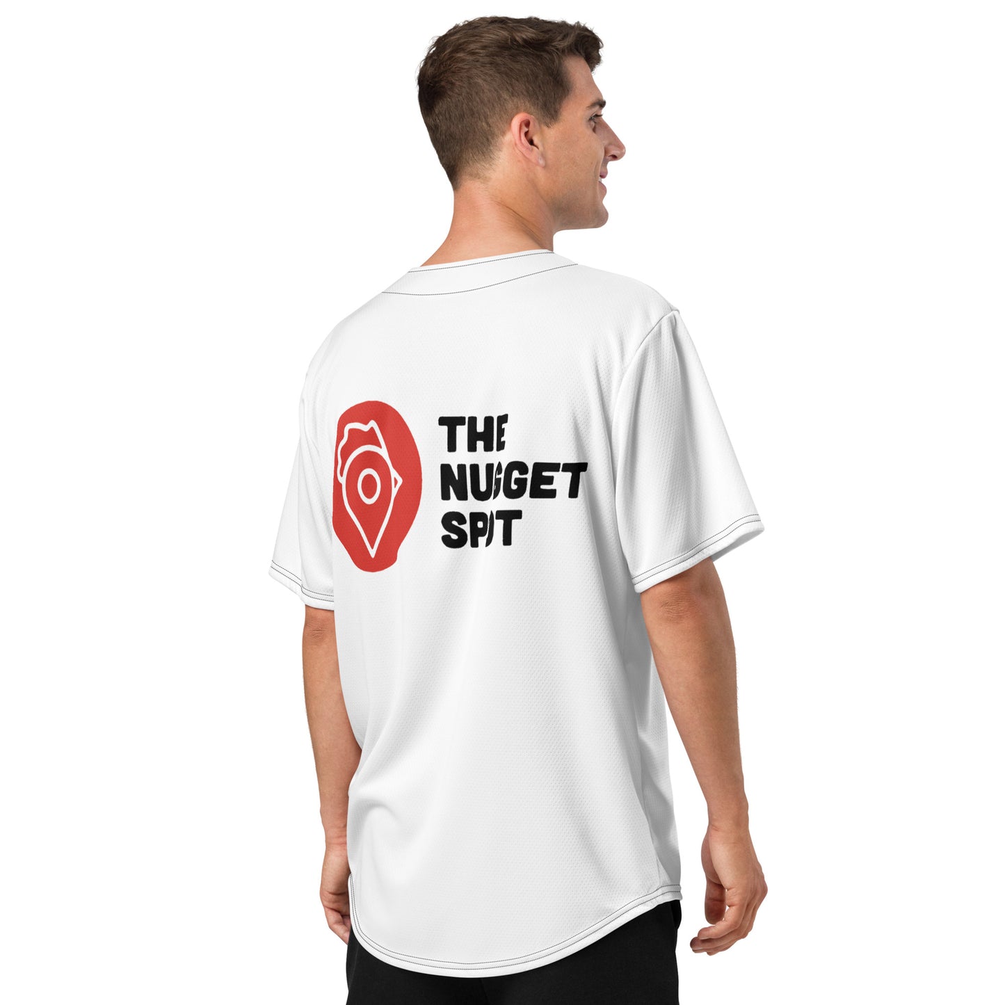 Man wearing The Nugget Spot Unisex Baseball Jersey showing back logo print
