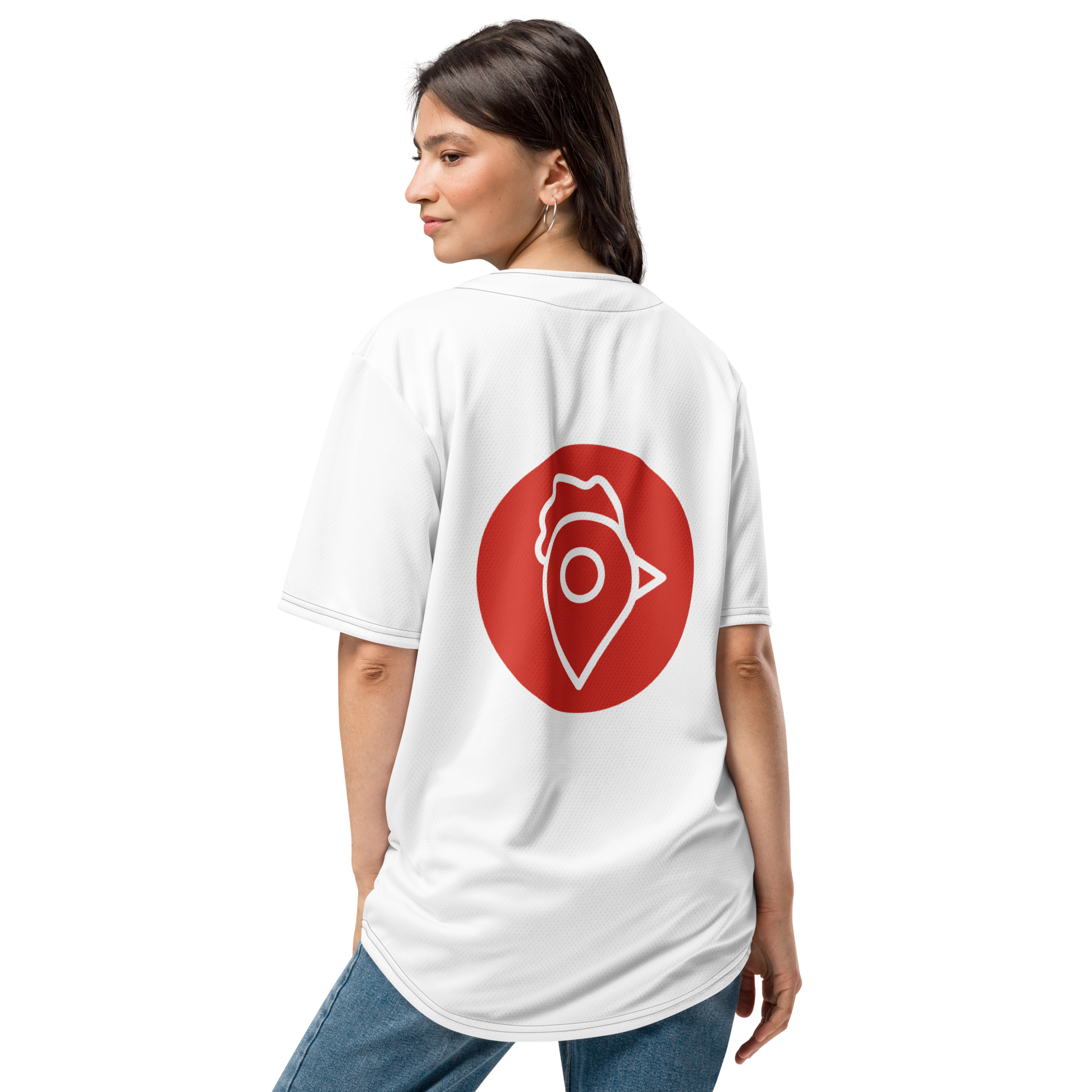 Woman wearing The Nugget Spot Signature Baseball Jersey, back view with logo visible
