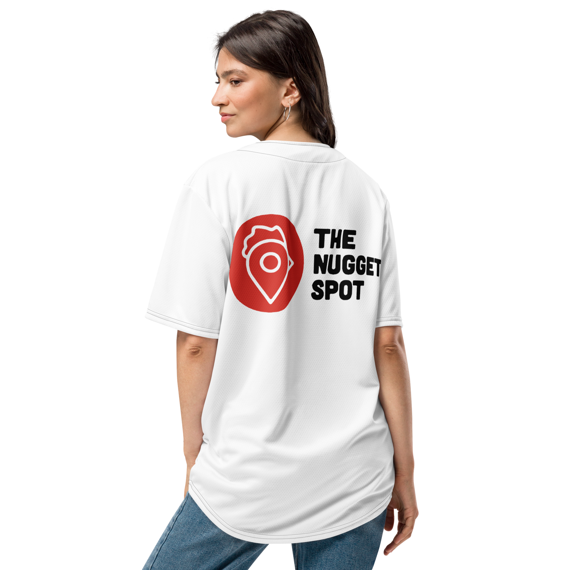 Woman wearing The Nugget Spot Unisex Baseball Jersey showing back design