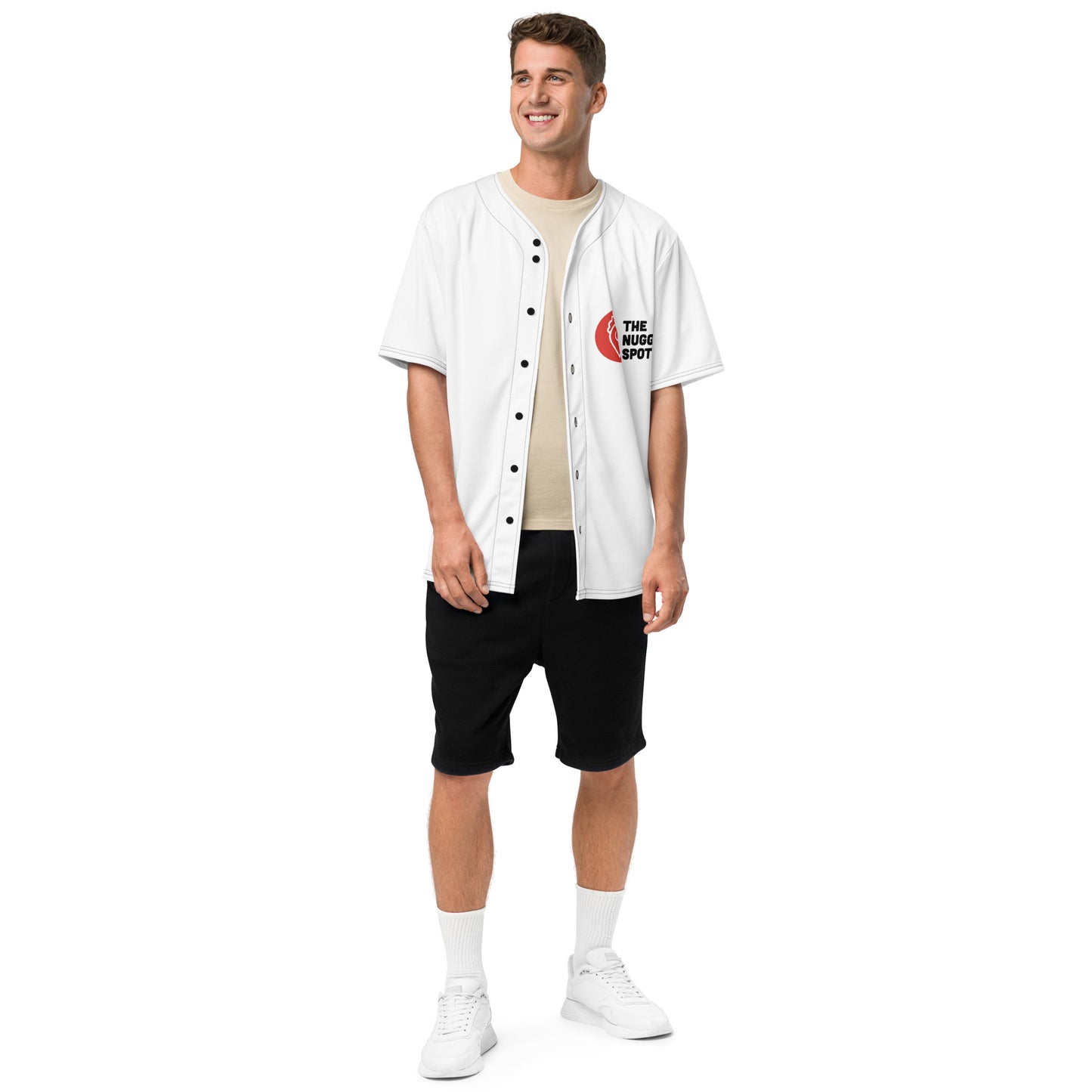 Man wearing The Nugget Spot Unisex Baseball Jersey full-body front view

