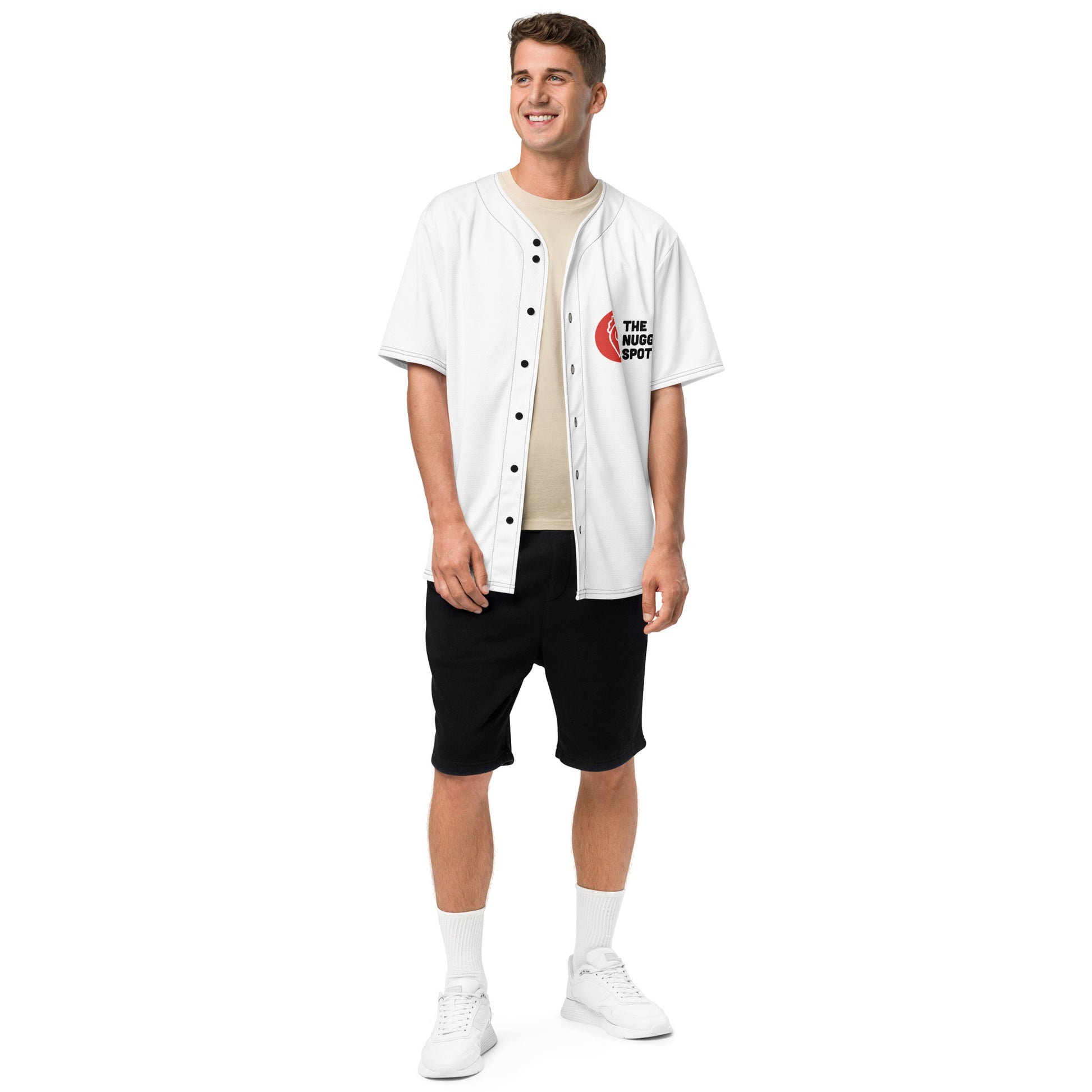 Man wearing The Nugget Spot Unisex Baseball Jersey full-body front view
