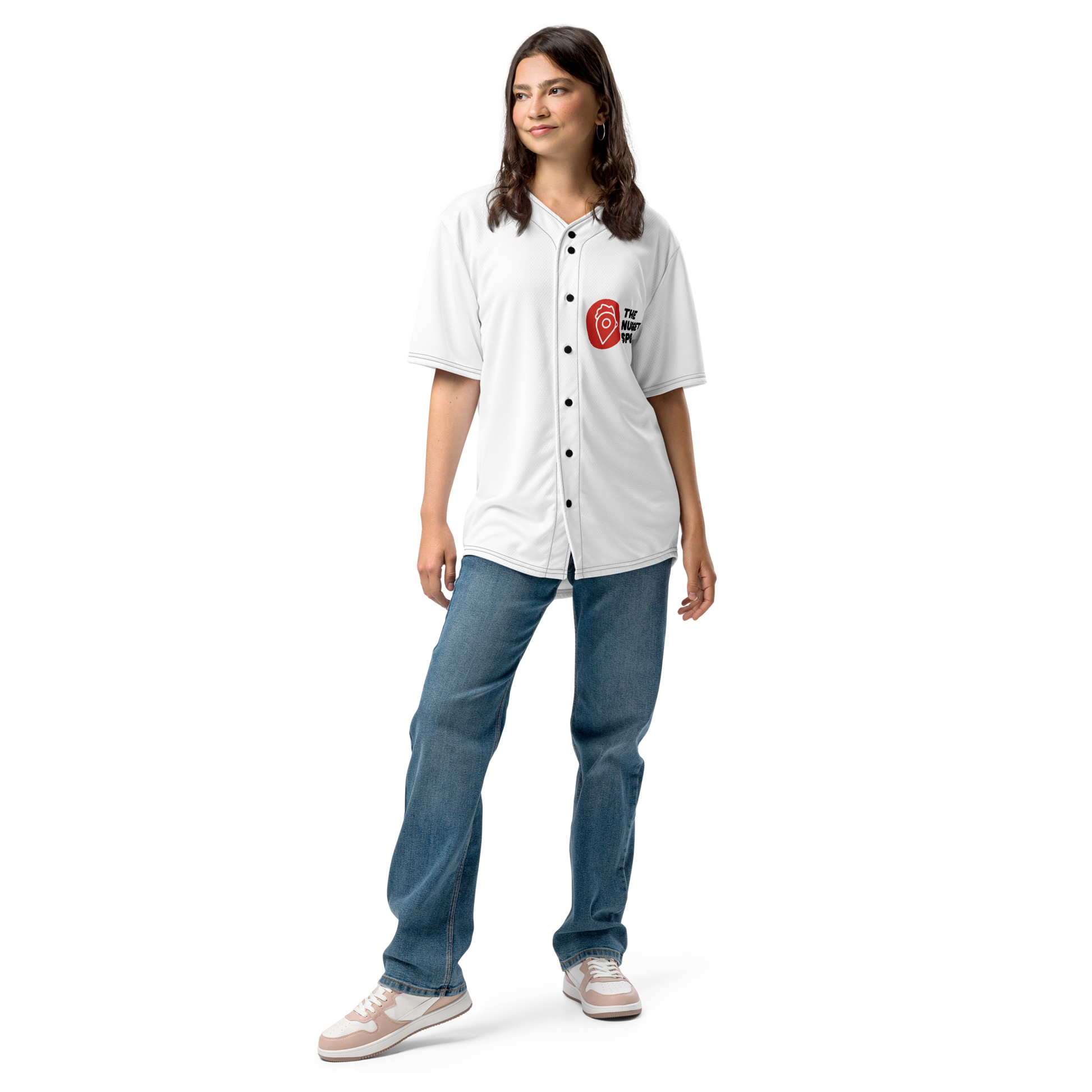 Woman wearing The Nugget Spot Unisex Baseball Jersey full-body front view
