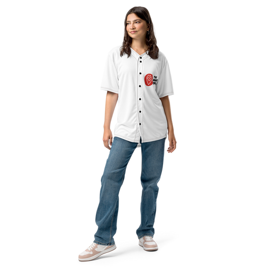 Woman wearing The Nugget Spot Unisex Baseball Jersey full-body front view
