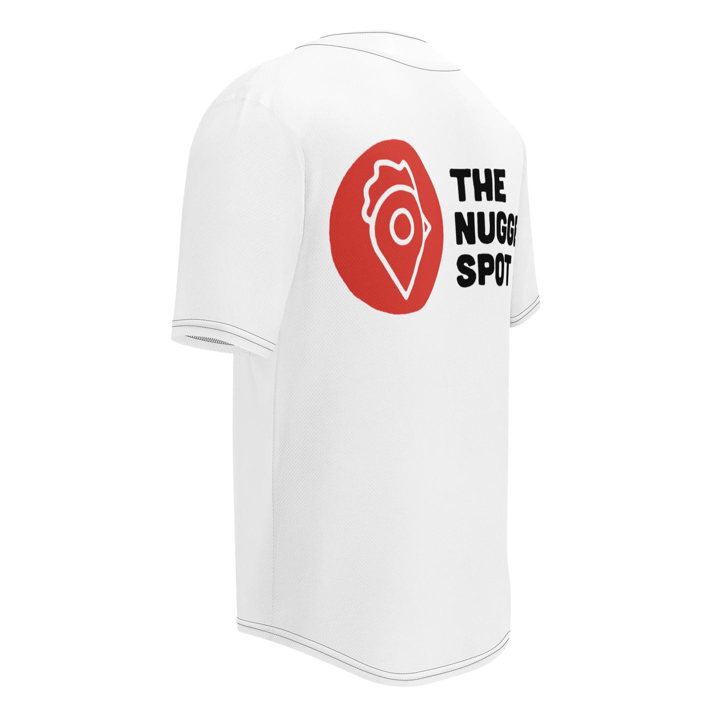Back angle of The Nugget Spot Unisex Baseball Jersey showing logo placement
