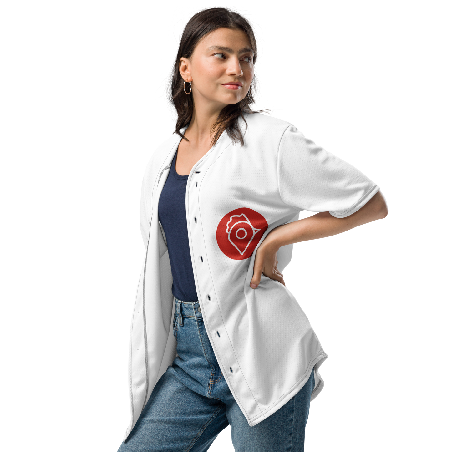 Woman posing confidently in The Nugget Spot Signature Baseball Jersey, hands on hips