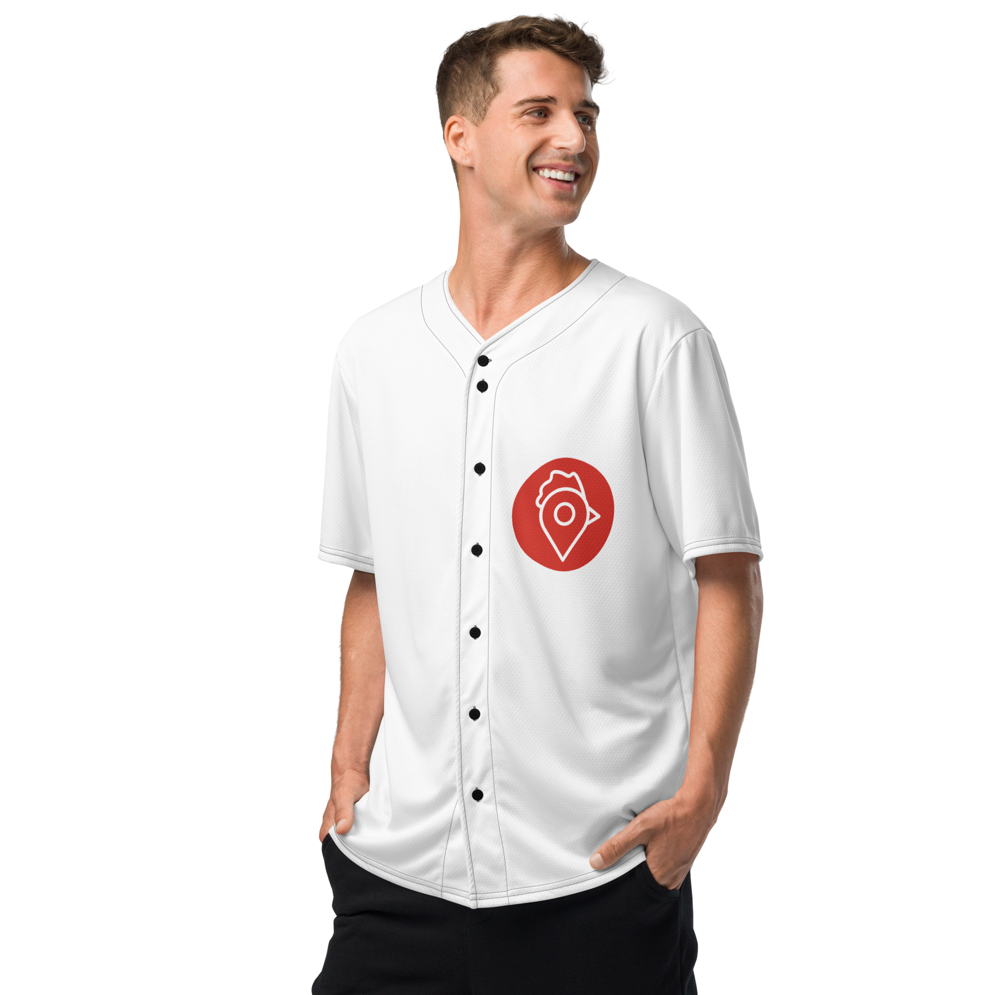 Male model wearing The Nugget Spot Signature Baseball Jersey with black shorts and sneakers