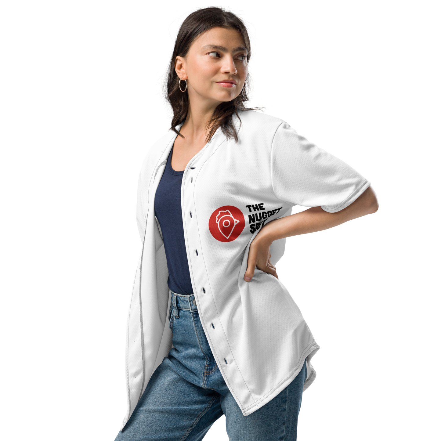 Woman wearing The Nugget Spot Unisex Baseball Jersey styled casually