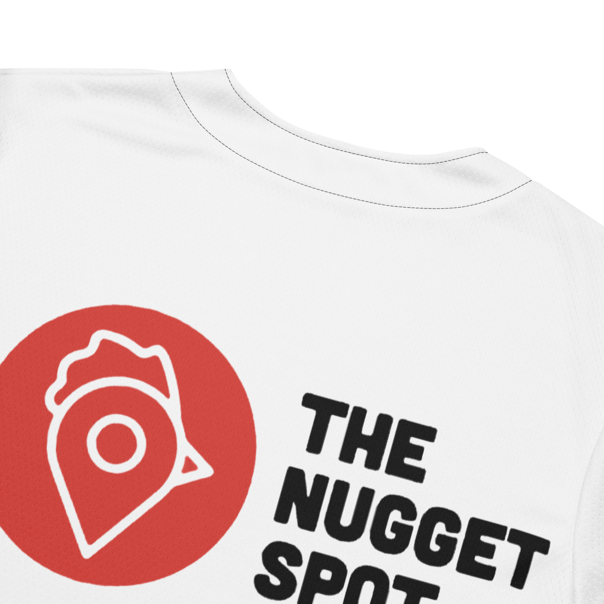 Back angle of The Nugget Spot Unisex Baseball Jersey showing logo placement
