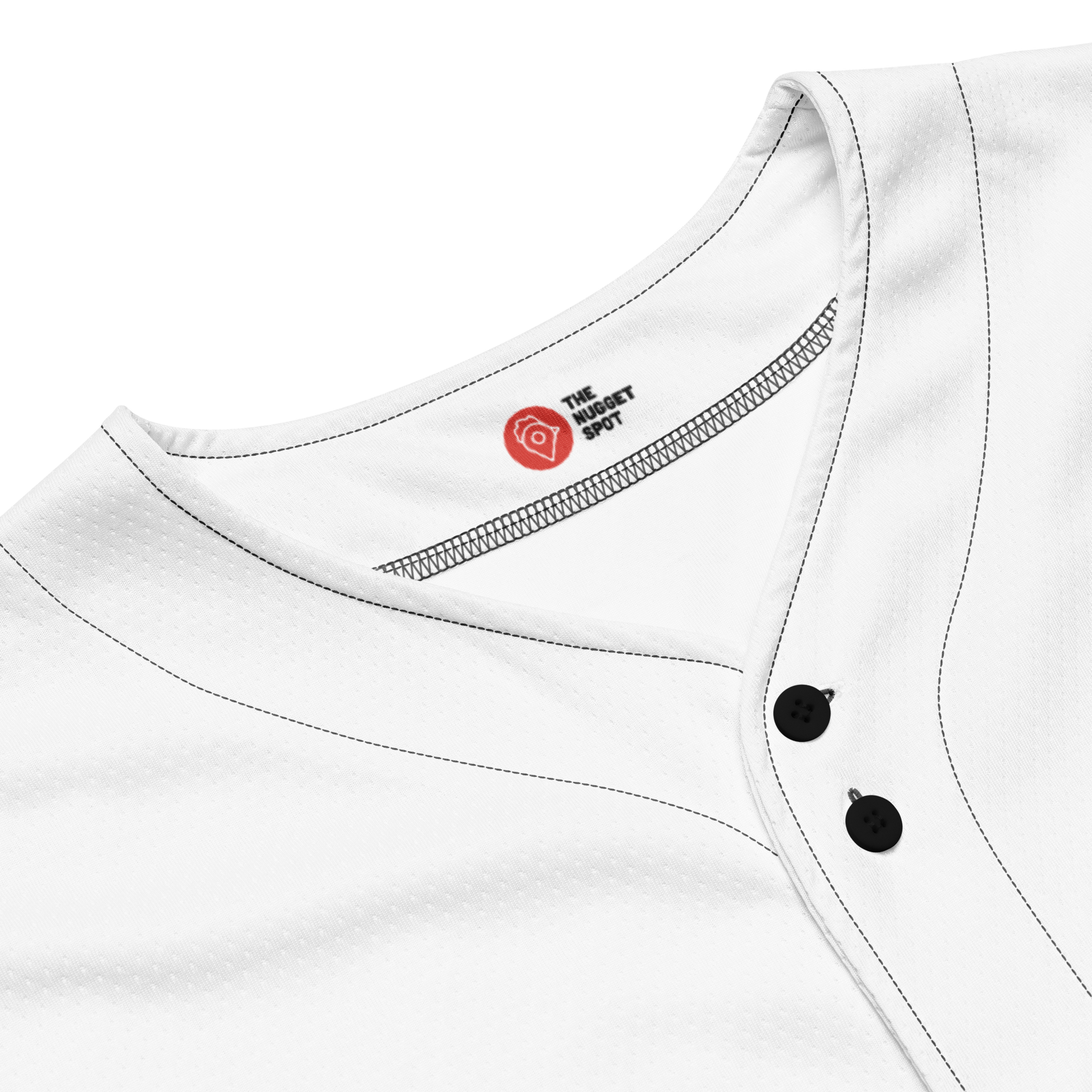 Neckline and logo embroidery detail on The Nugget Spot Unisex Baseball Jersey