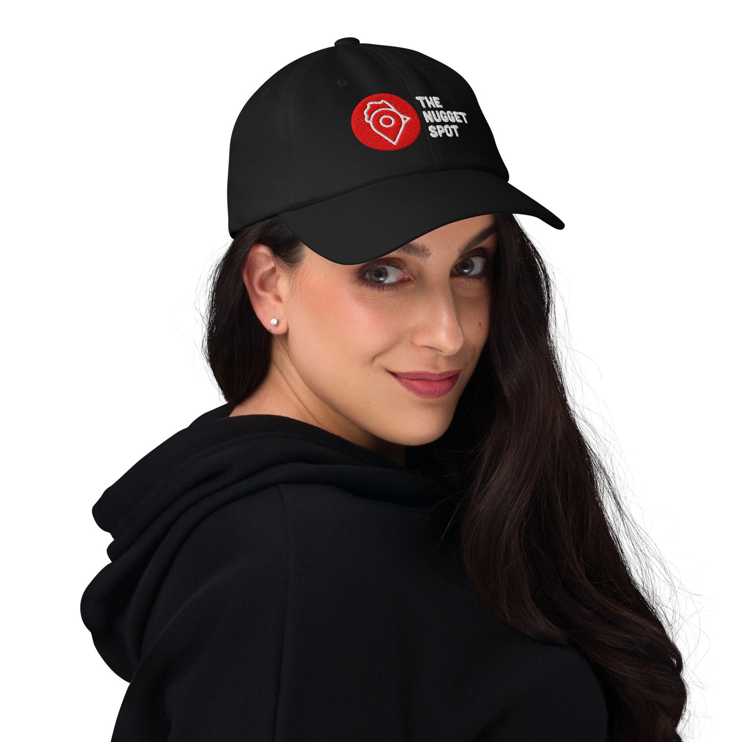 Side view of woman wearing The Nugget Spot black dad hat with curved visor.