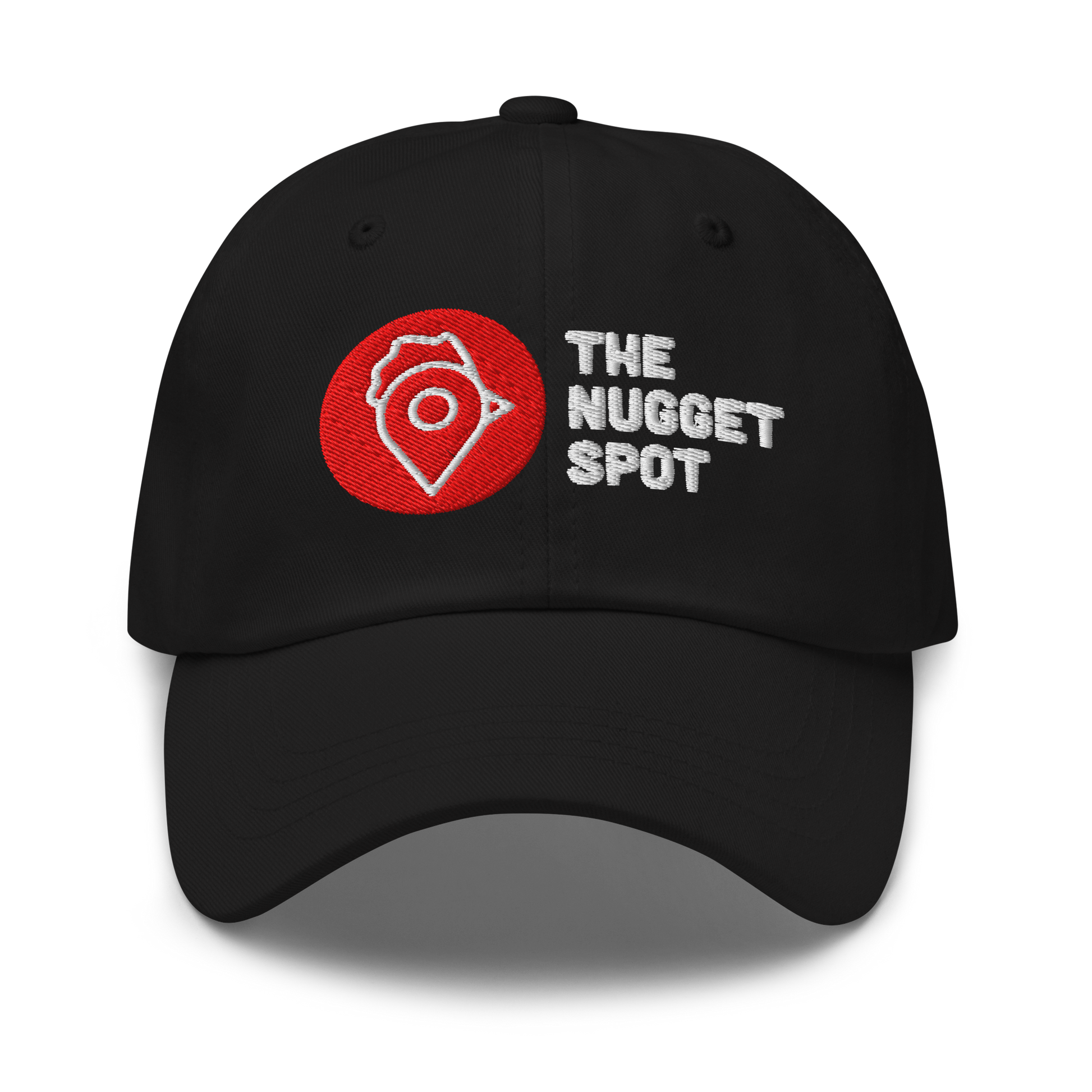 Front view of The Nugget Spot black dad hat showing embroidered red logo and white text.
