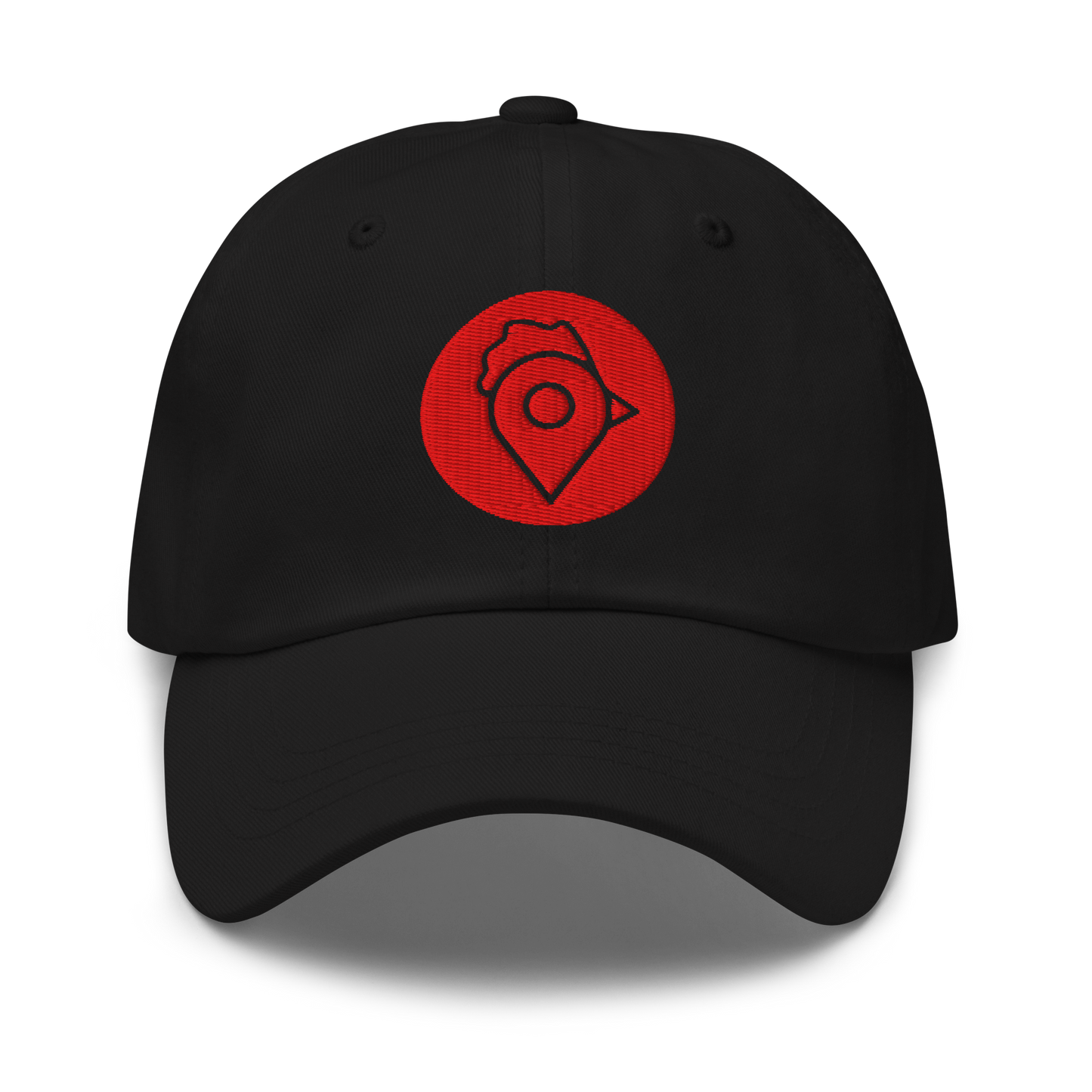 Front view of The Nugget Spot Signature Dad Hat in black with red embroidered logo on the front panel.