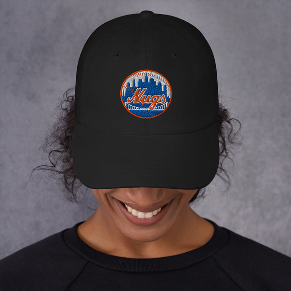 Woman smiling while wearing the black New York Nugs Dad Hat with embroidered logo
