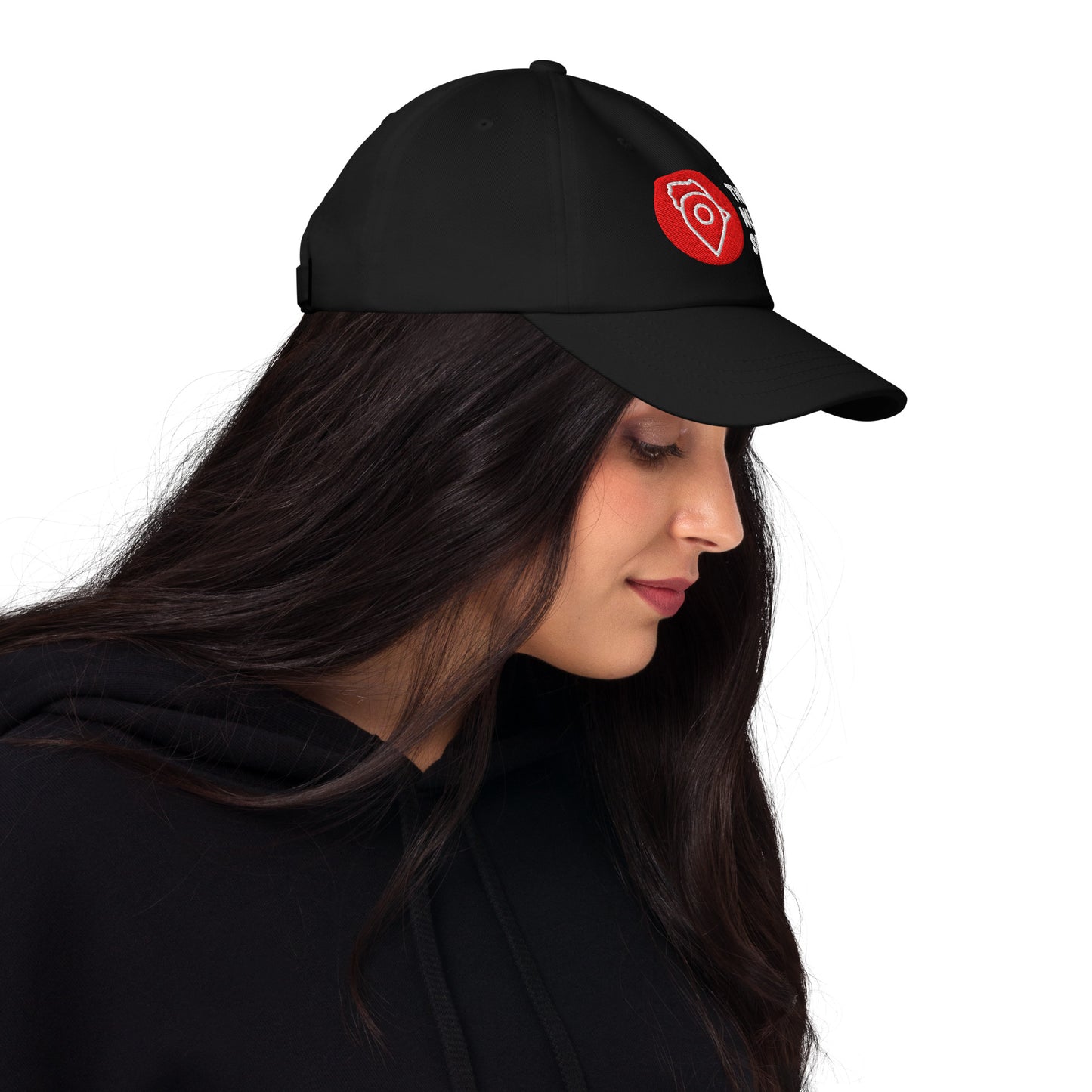 Side view of woman wearing The Nugget Spot black dad hat with curved visor.