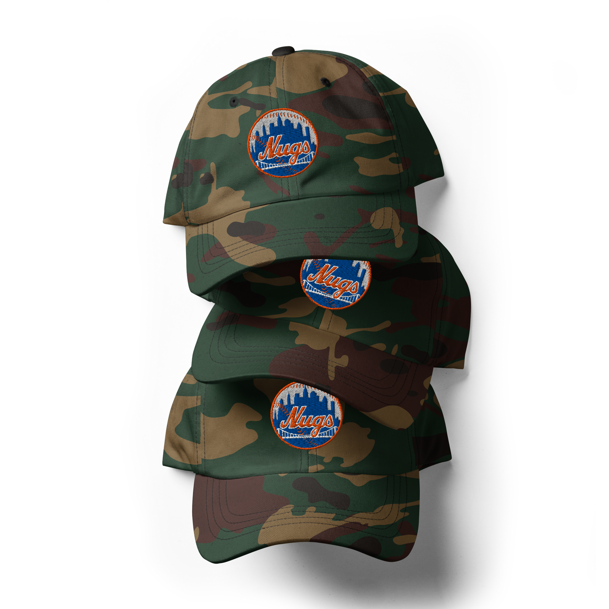 Stack of camo-pattern New York Nugs Dad Hats on black background
