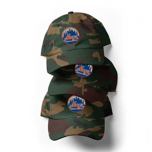 Stack of camo-pattern New York Nugs Dad Hats on black background
