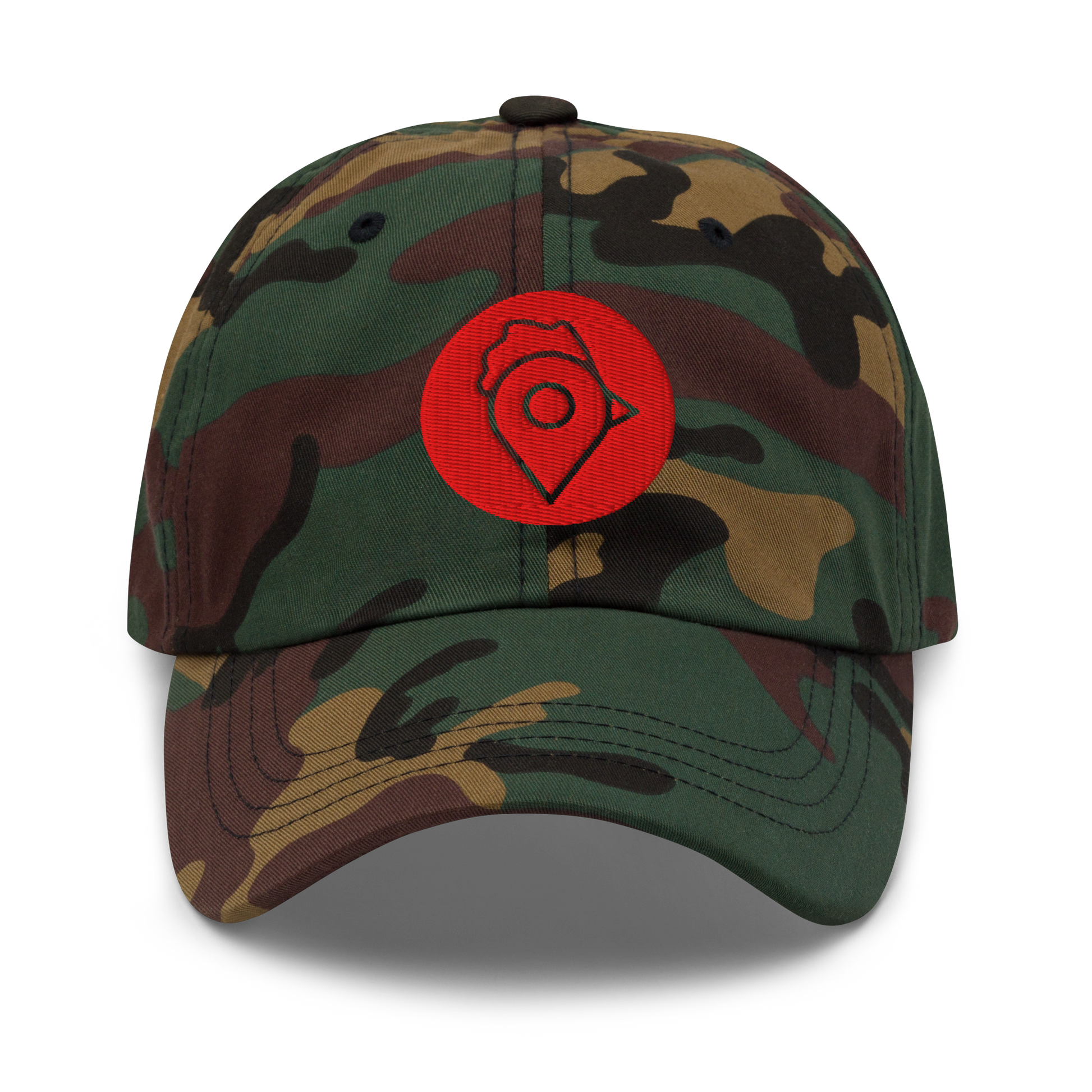 Camo version of The Nugget Spot Signature Dad Hat with red embroidered logo on front.