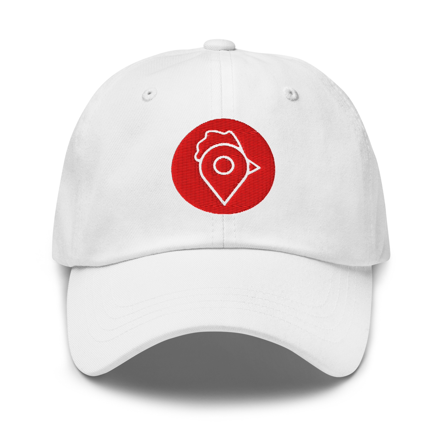 White version of The Nugget Spot Signature Dad Hat with red embroidered logo.
