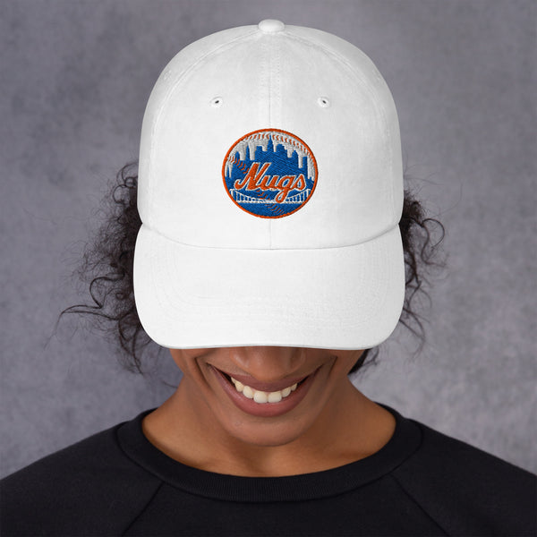 Woman smiling while wearing the white New York Nugs Dad Hat with embroidered logo
