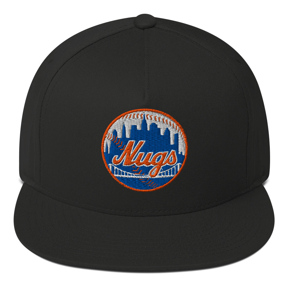 Front view of black New York Nugs Snapback with red brim and button details.
