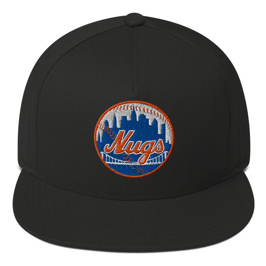 Front view of black New York Nugs Snapback with red brim and button details.
