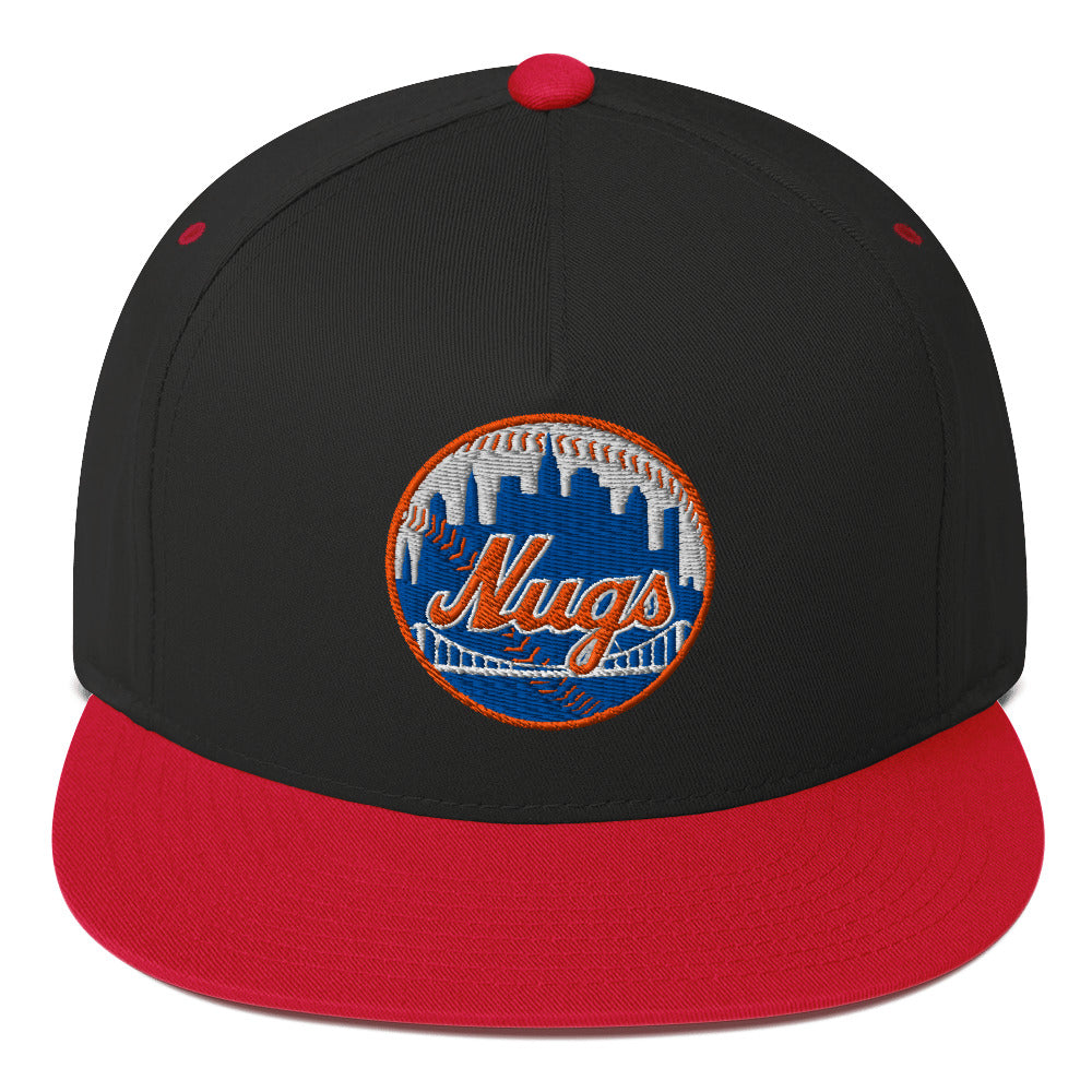 Close-up of New York Nugs Snapback hat with embroidered logo on the front.