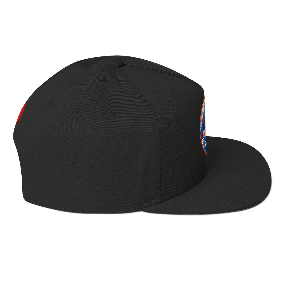 Side view of black New York Nugs Snapback with red brim and button details.