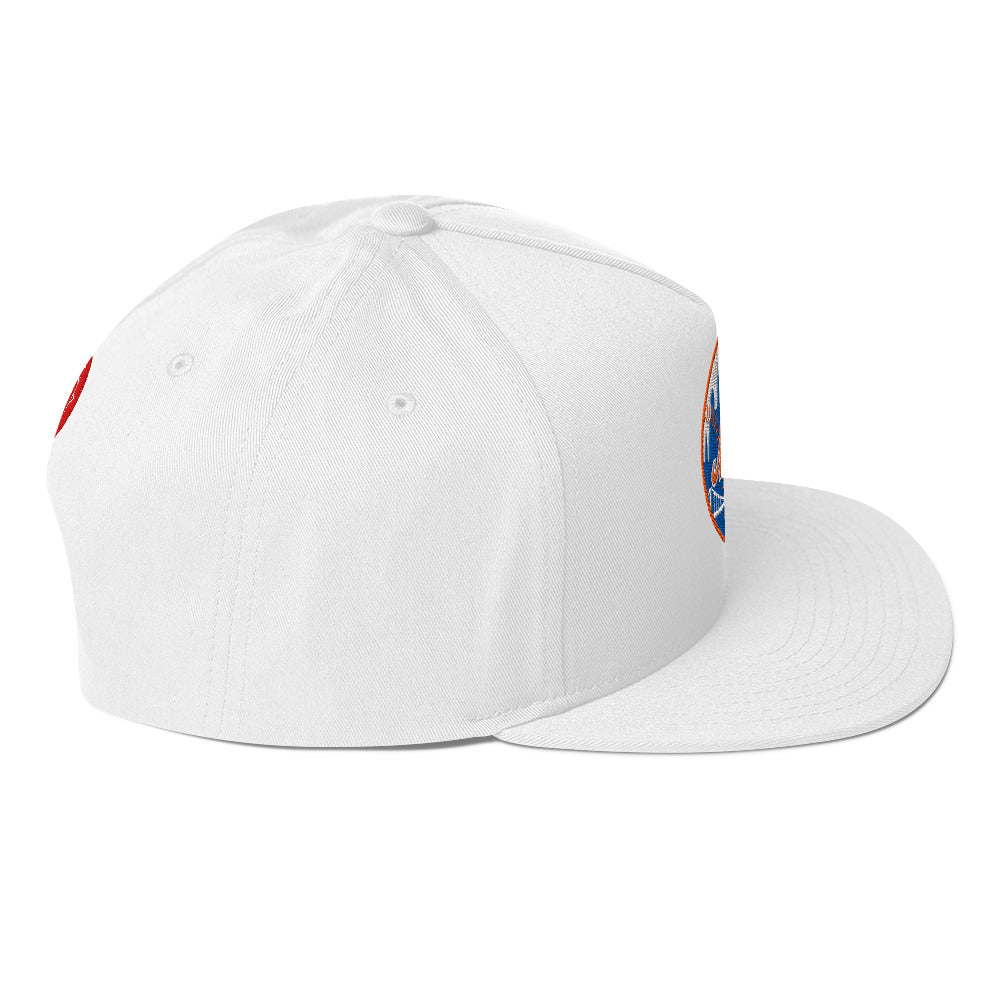 Side view of white New York Nugs Snapback with red brim and button details.