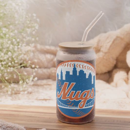 New York Nugs 16 oz Can-Shaped Glass – Modern Drinkware w/ Lid & Straw Option