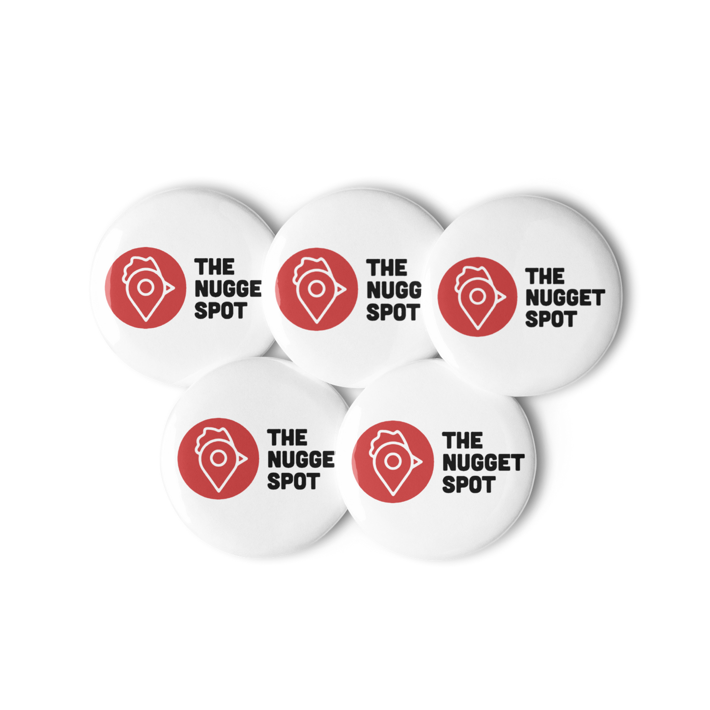 Five The Nugget Spot 5-Pack Pin Buttons arranged in a group on a transparent background, showcasing red logo design.