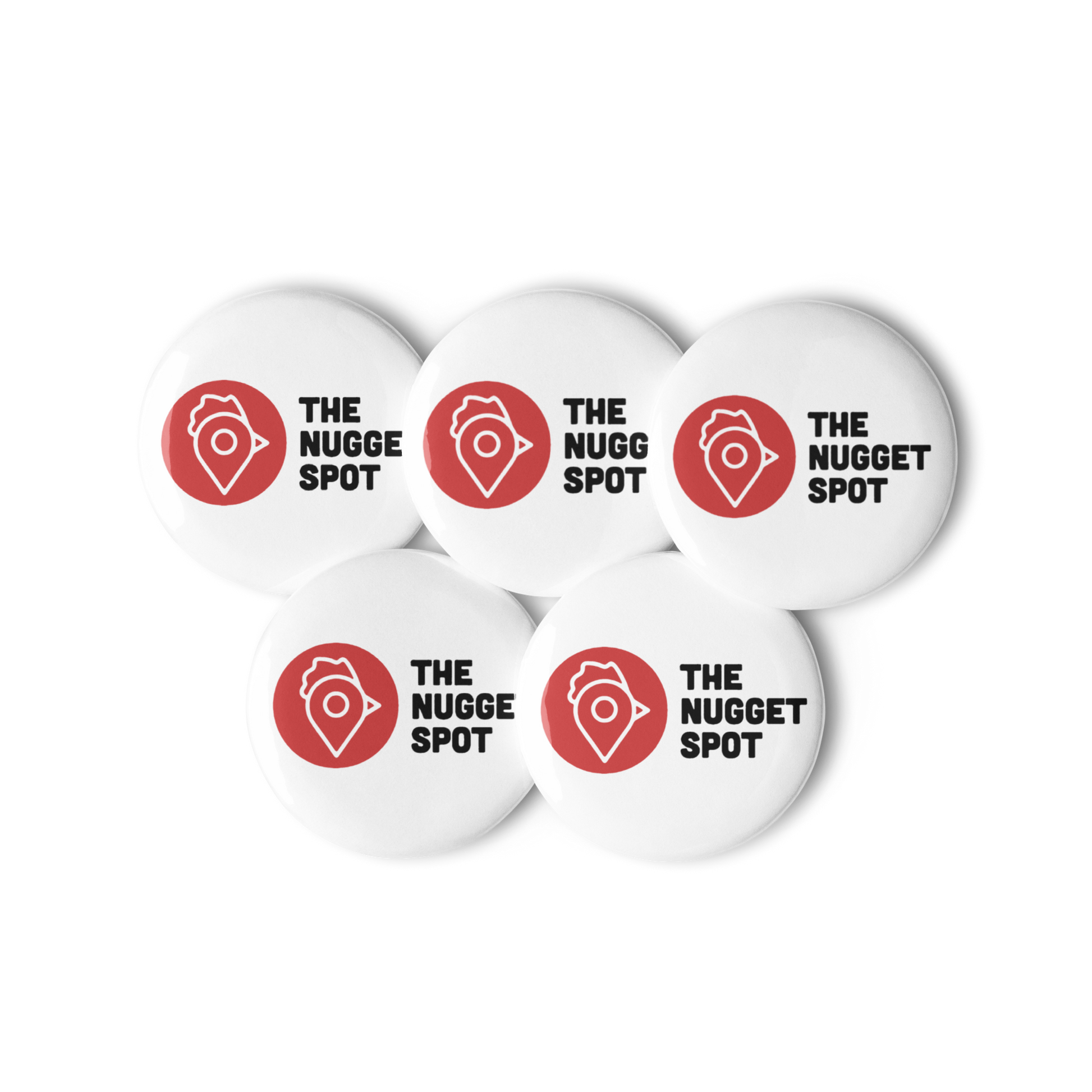 Five The Nugget Spot 5-Pack Pin Buttons arranged in a group on a transparent background, showcasing red logo design.