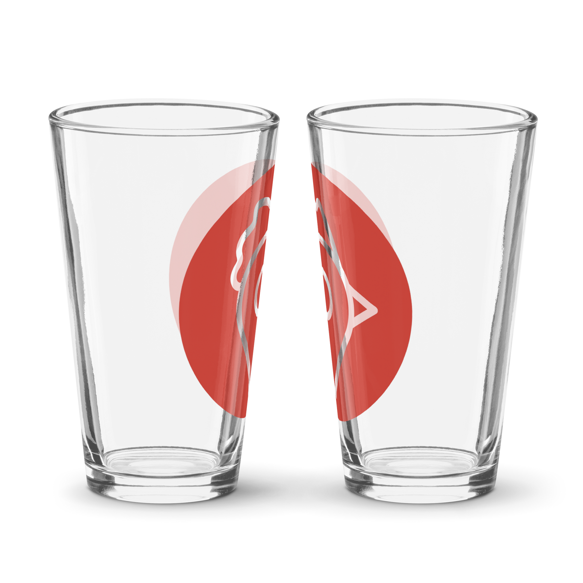 Two The Nugget Spot Signature 16oz Pint Glasses side by side showing red logo design from both angles.