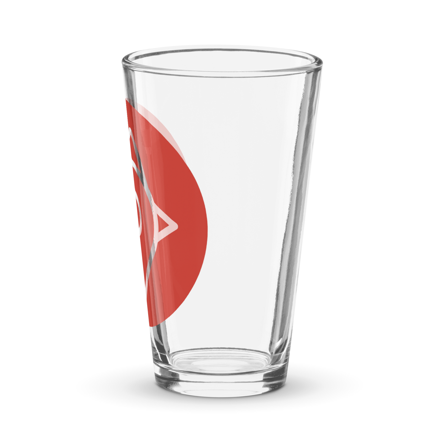 Single The Nugget Spot Signature 16oz Pint Glass on a transparent background showcasing the red logo design.
