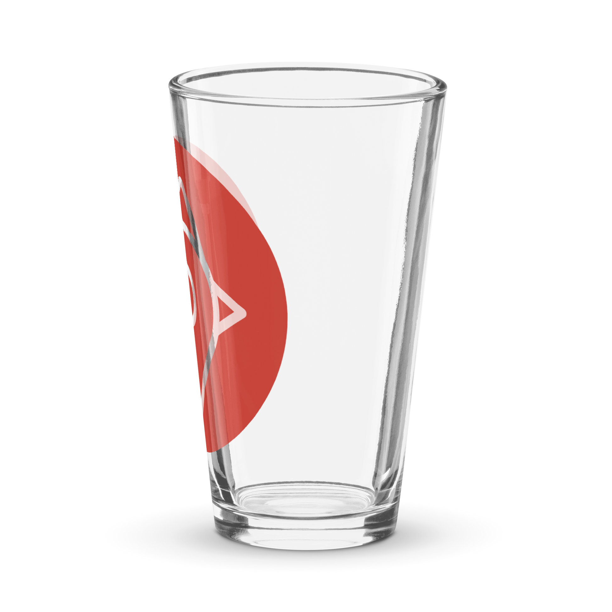Single The Nugget Spot Signature 16oz Pint Glass on a transparent background showcasing the red logo design.
