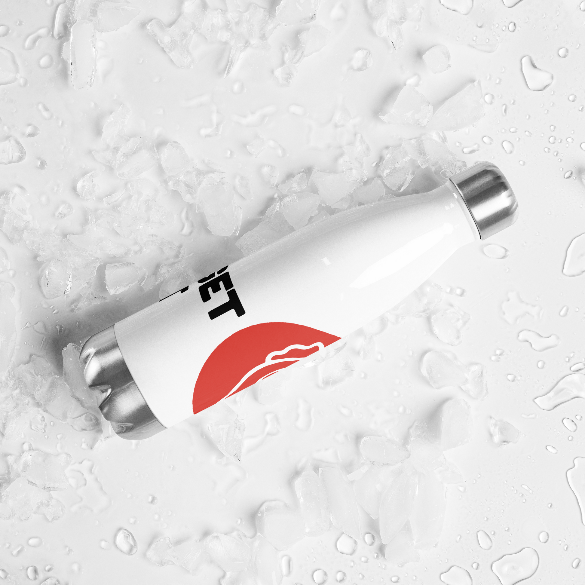 The Nugget Spot 17oz Stainless Steel Water Bottle surrounded by ice cubes on white surface.