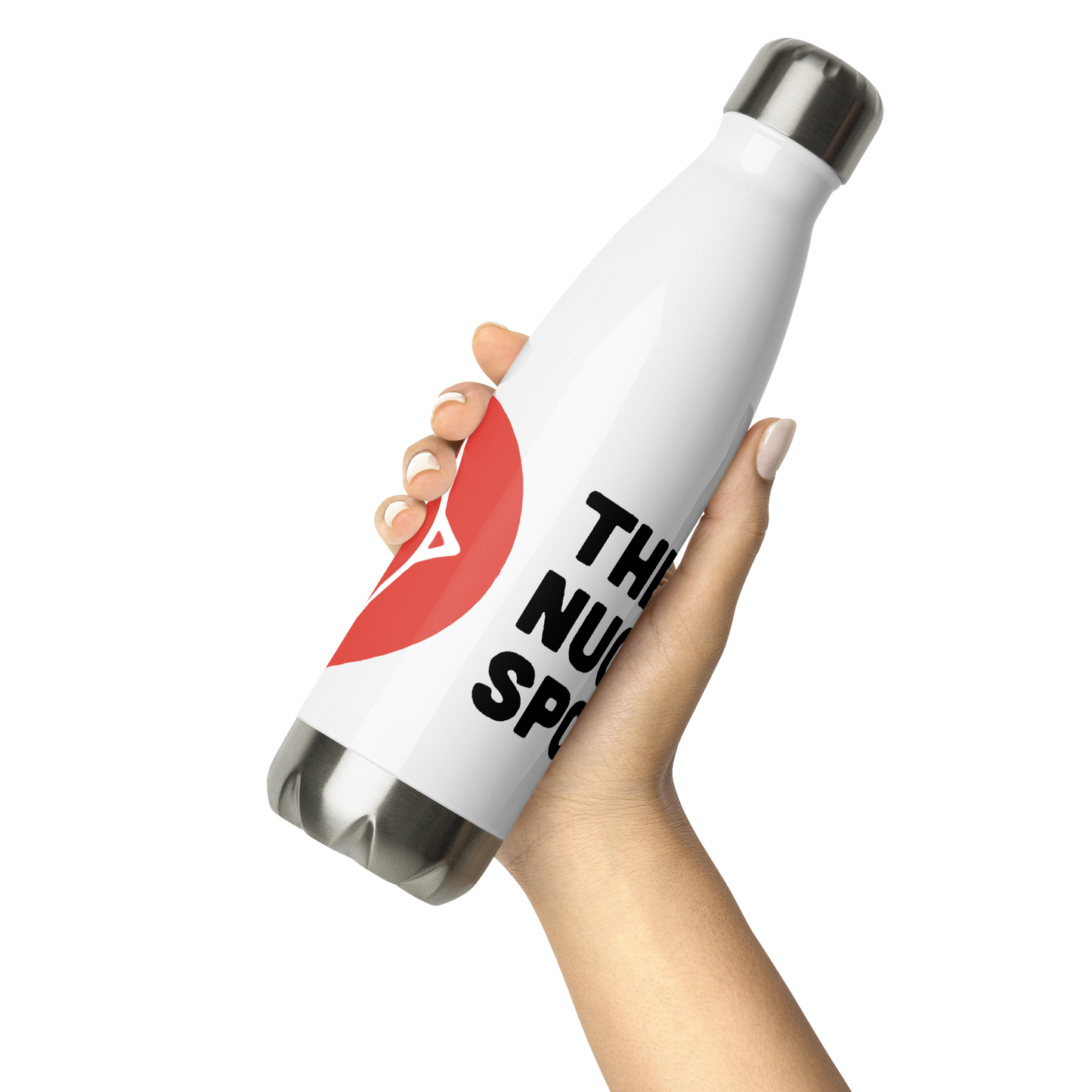 Hand holding The Nugget Spot 17oz Stainless Steel Water Bottle in white with red logo design.
