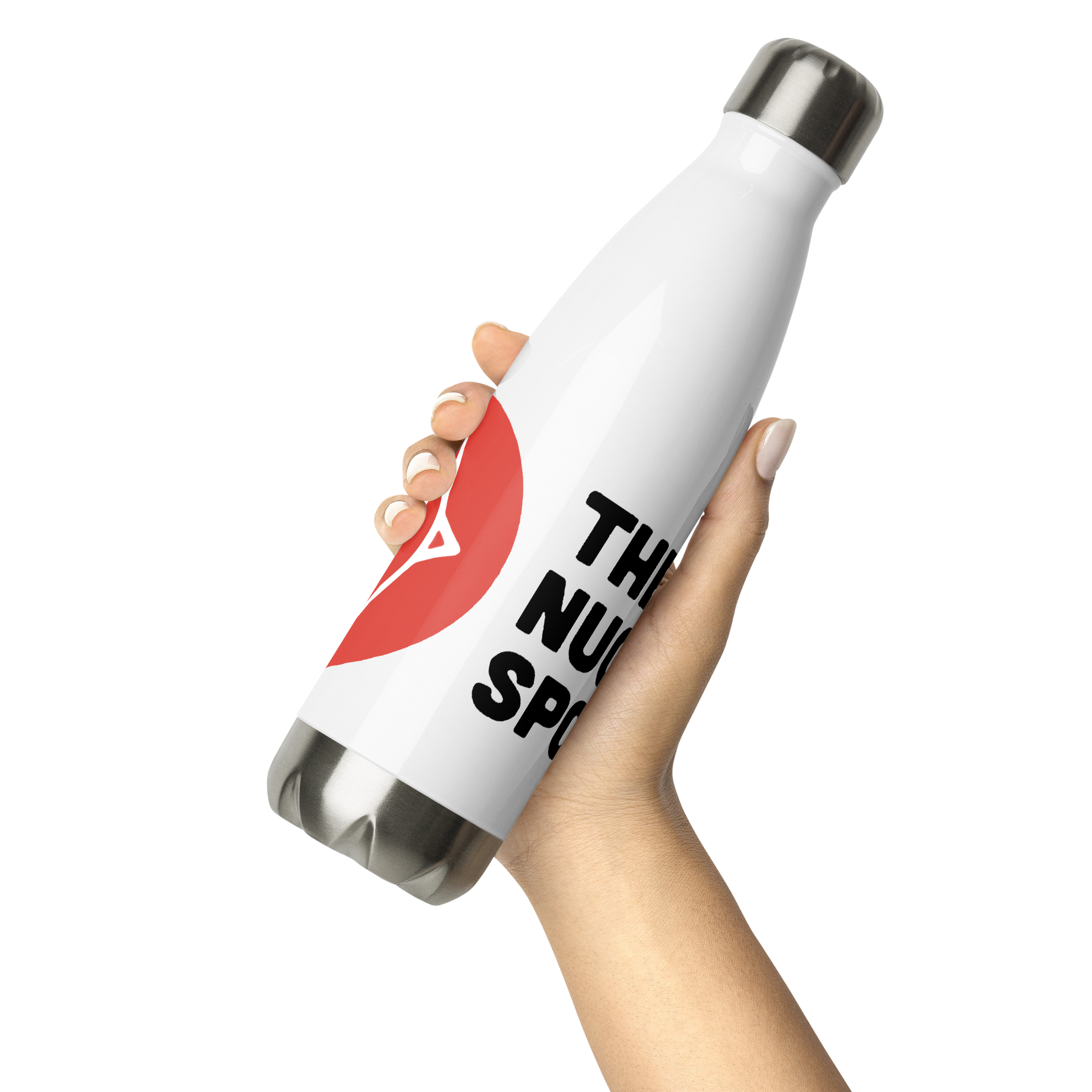 Hand holding The Nugget Spot 17oz Stainless Steel Water Bottle in white with red logo design.